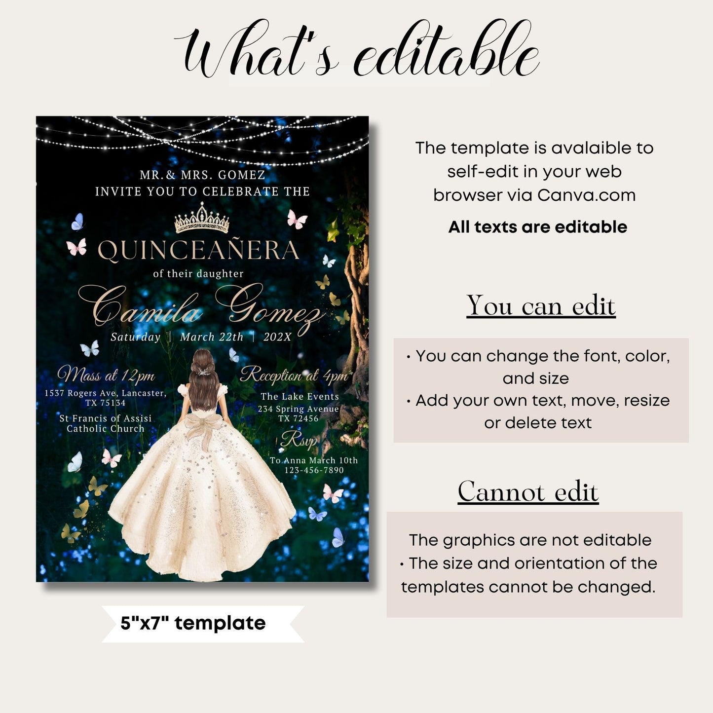 Forest Pink Princess Quinceanera invitation template with editable text on a white background