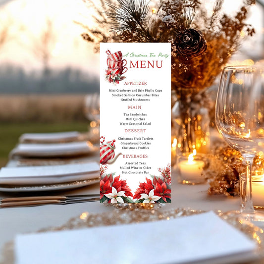 poinsettia flowers Menu card for a Christmas tea party on a decorated table with candles and flowers.