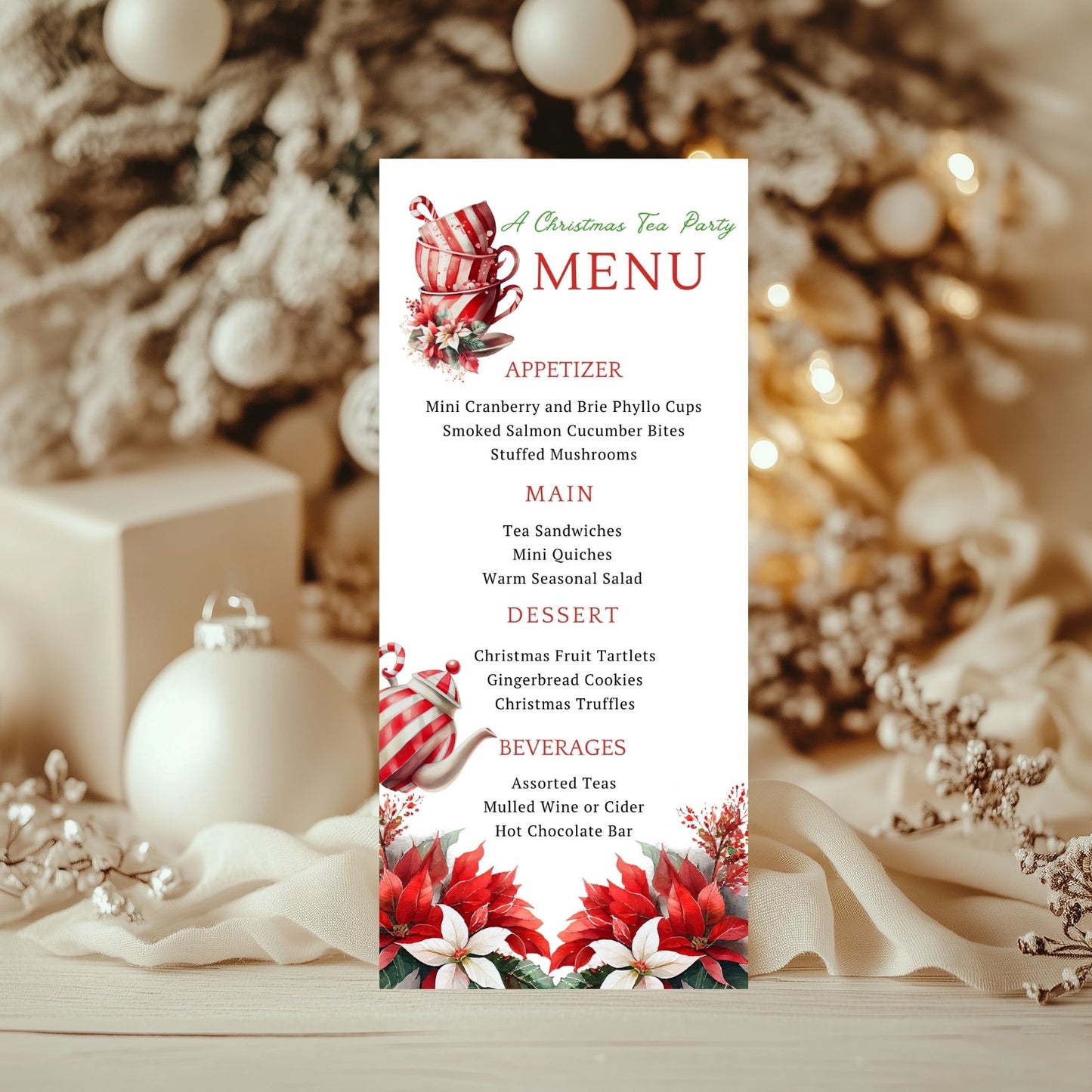 Tea cup Christmas-themed menu card with festive decorations on a decorative background