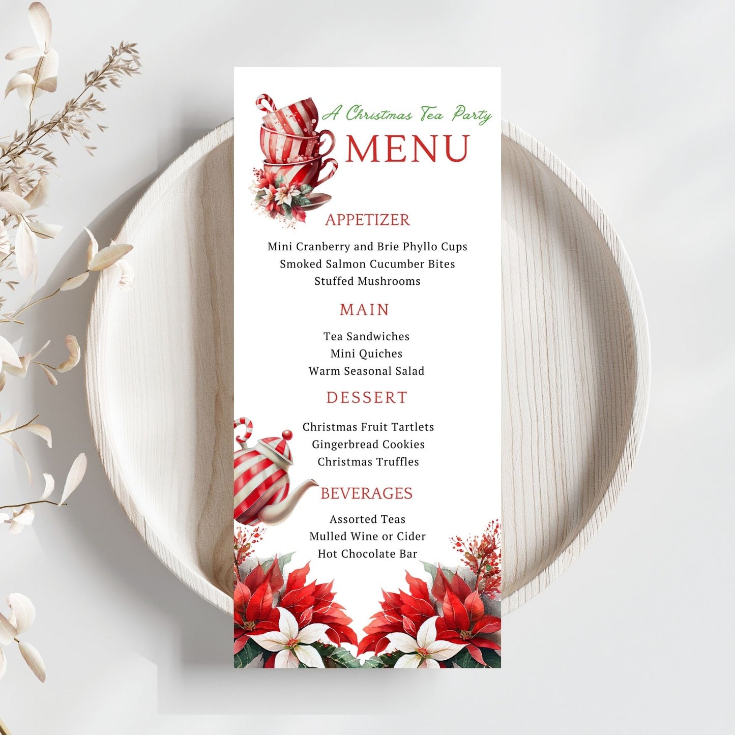 Flowers Tea Christmas-themed menu card with festive design on a white plate.