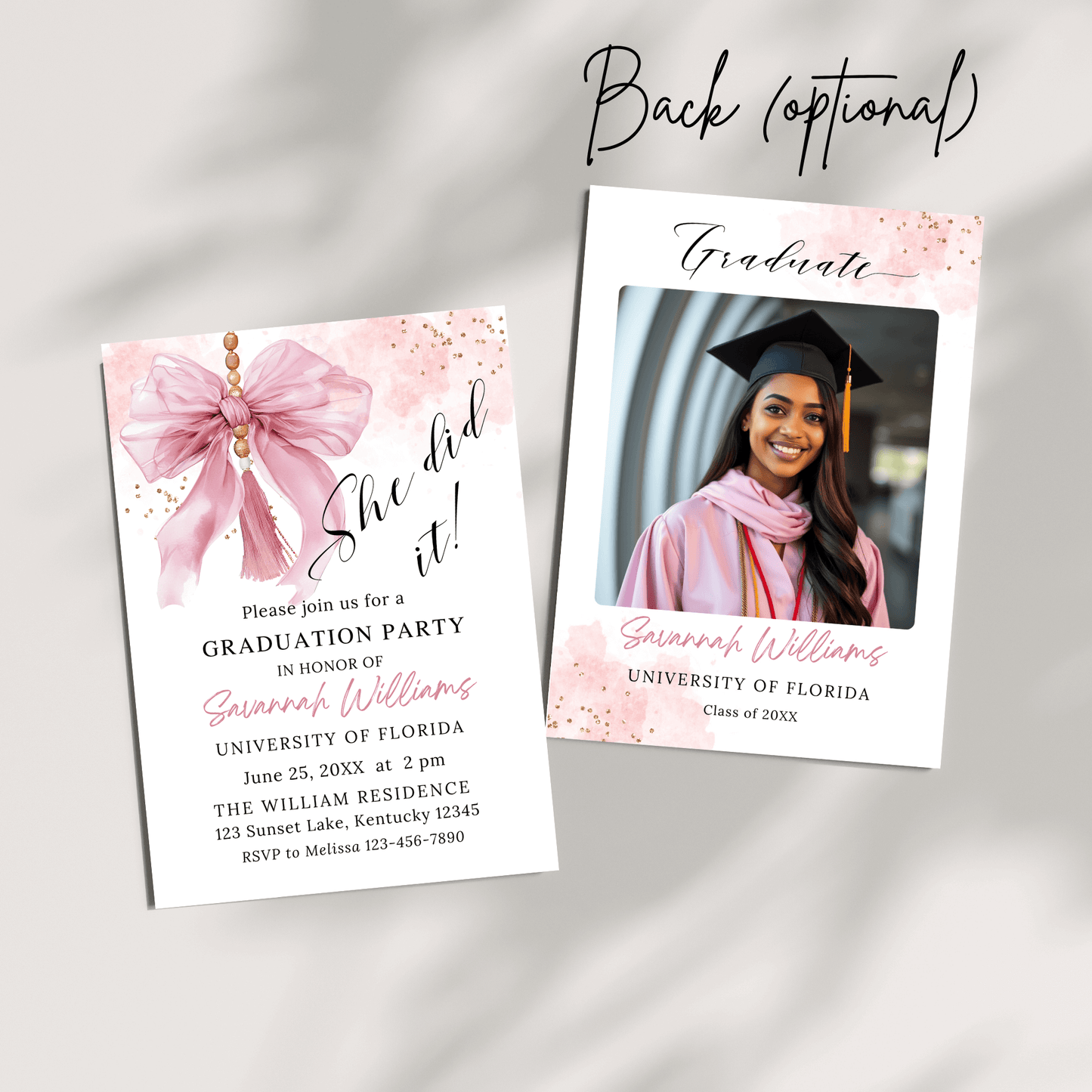 Feminine graduation invitation pink theme