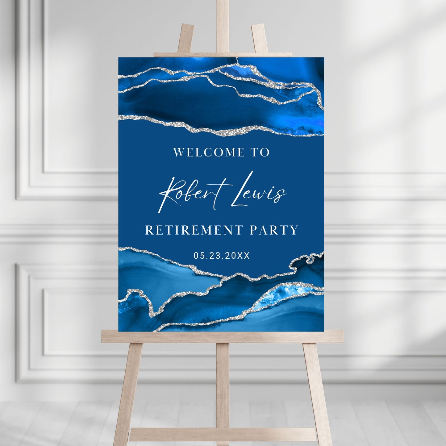 Navy Silver Agate Retirement Party Welcome Sign