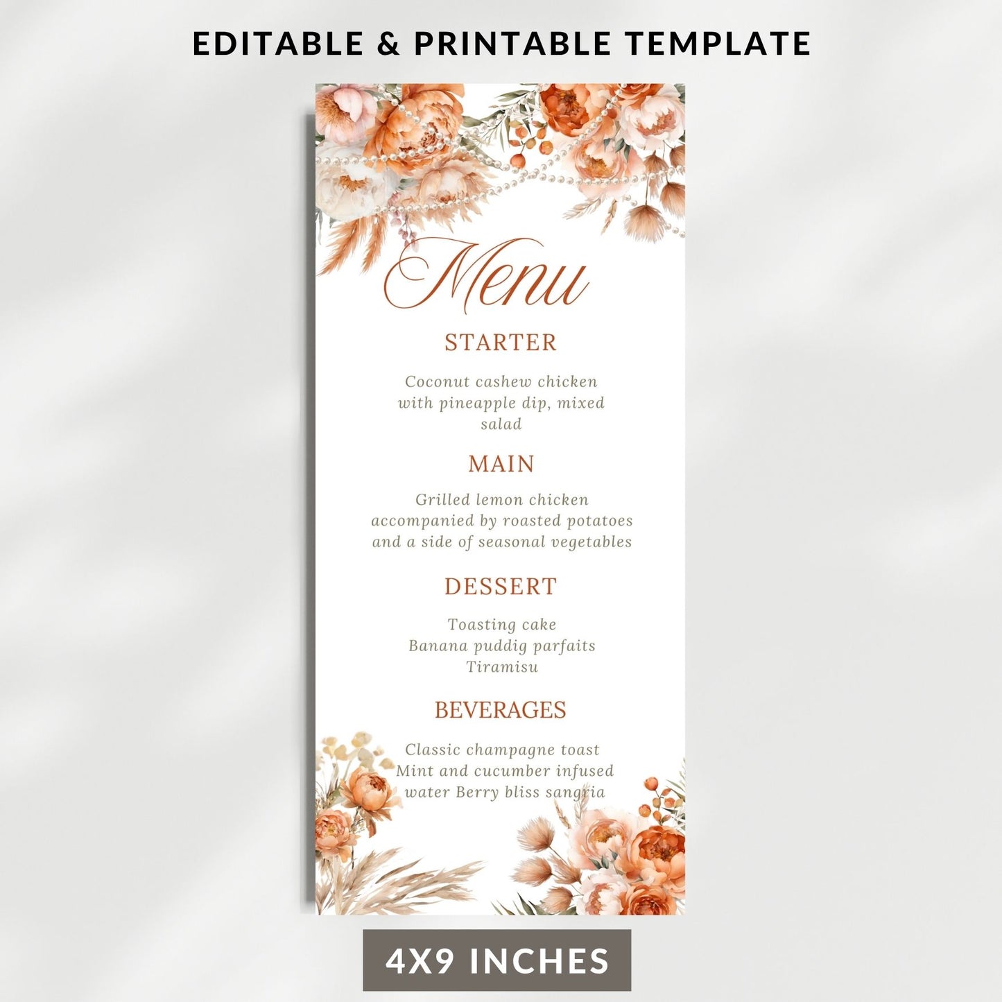 Printable Coral Flowers and Pearls Menu Card