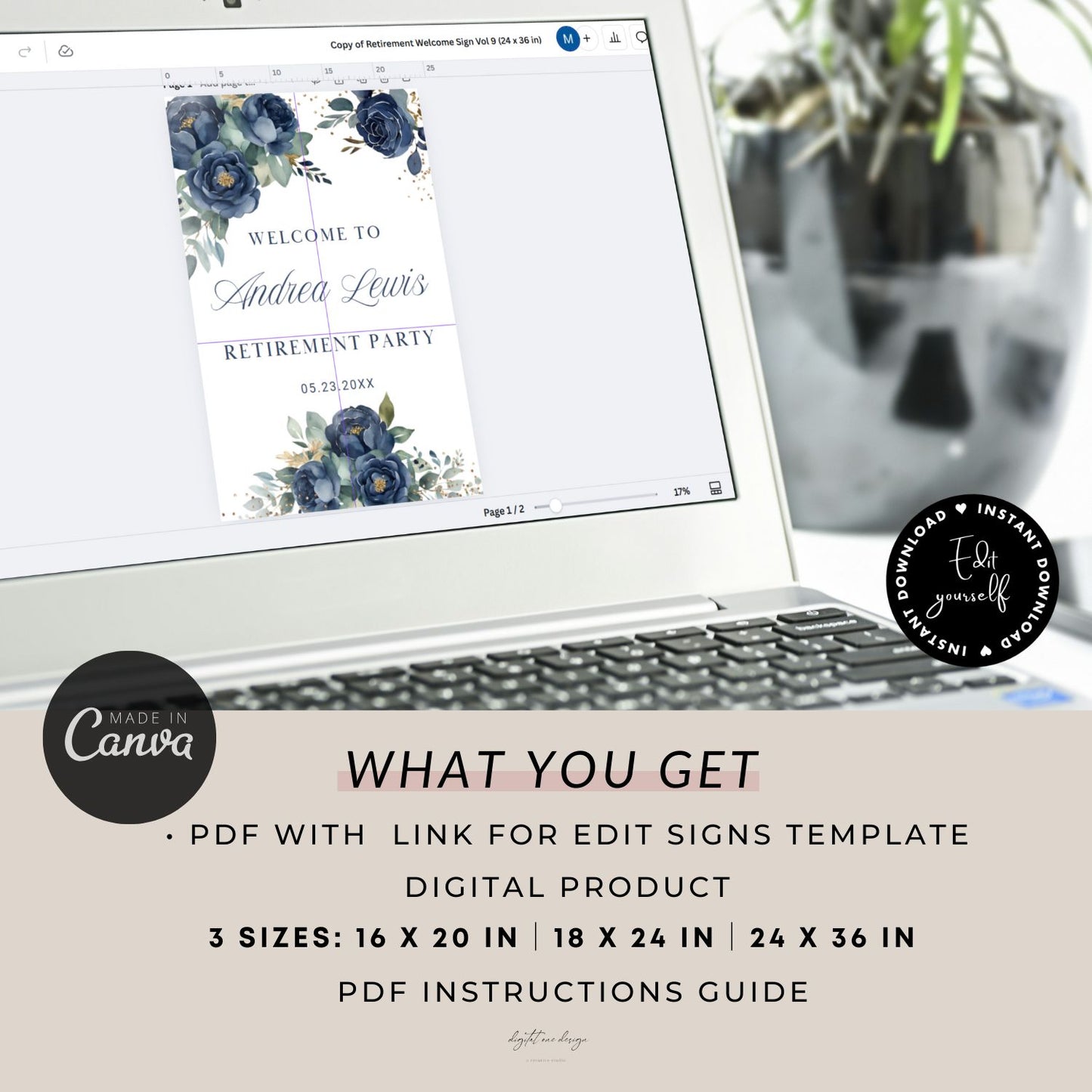 Editable Navy Gold Watercolor Floral Retirement Welcome SignEditable Navy Gold Watercolor Retirement Welcome Sign