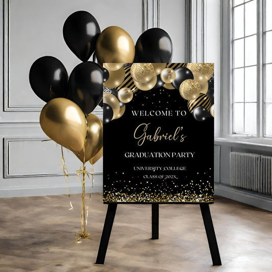 Editable Black and Gold Graduation Party Welcome Sign