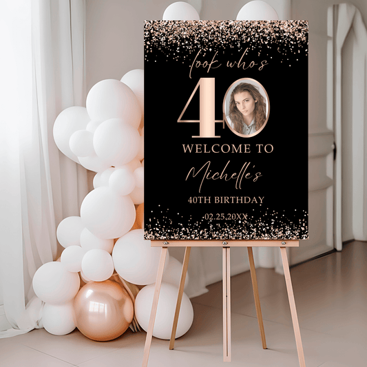 Rose Gold Confetti 40th Birthday Welcome Sign with customizable photo frame and confetti design.