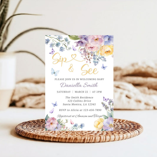 Sip and see Baby shower invitation with floral and butterfly design
