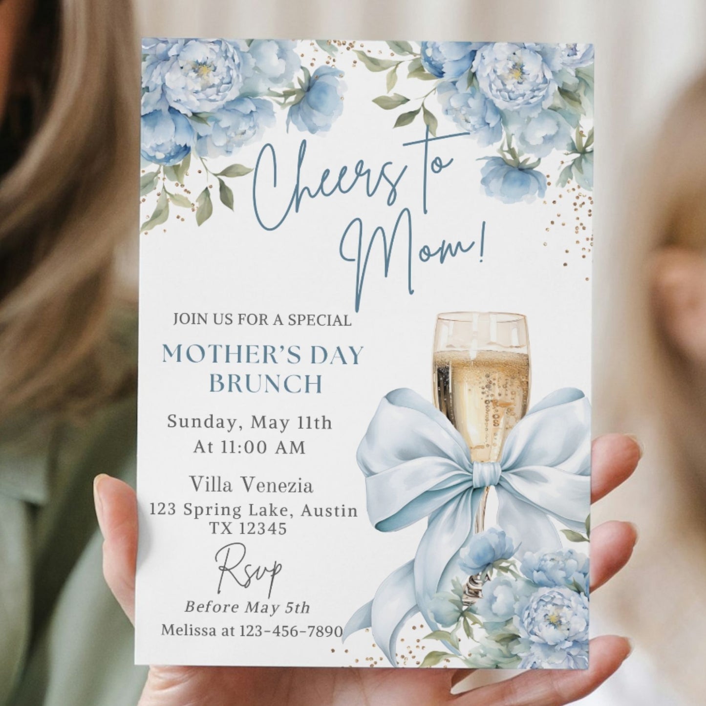 Cheers to Mom Elegant Dusty Blue Brunch Invitation