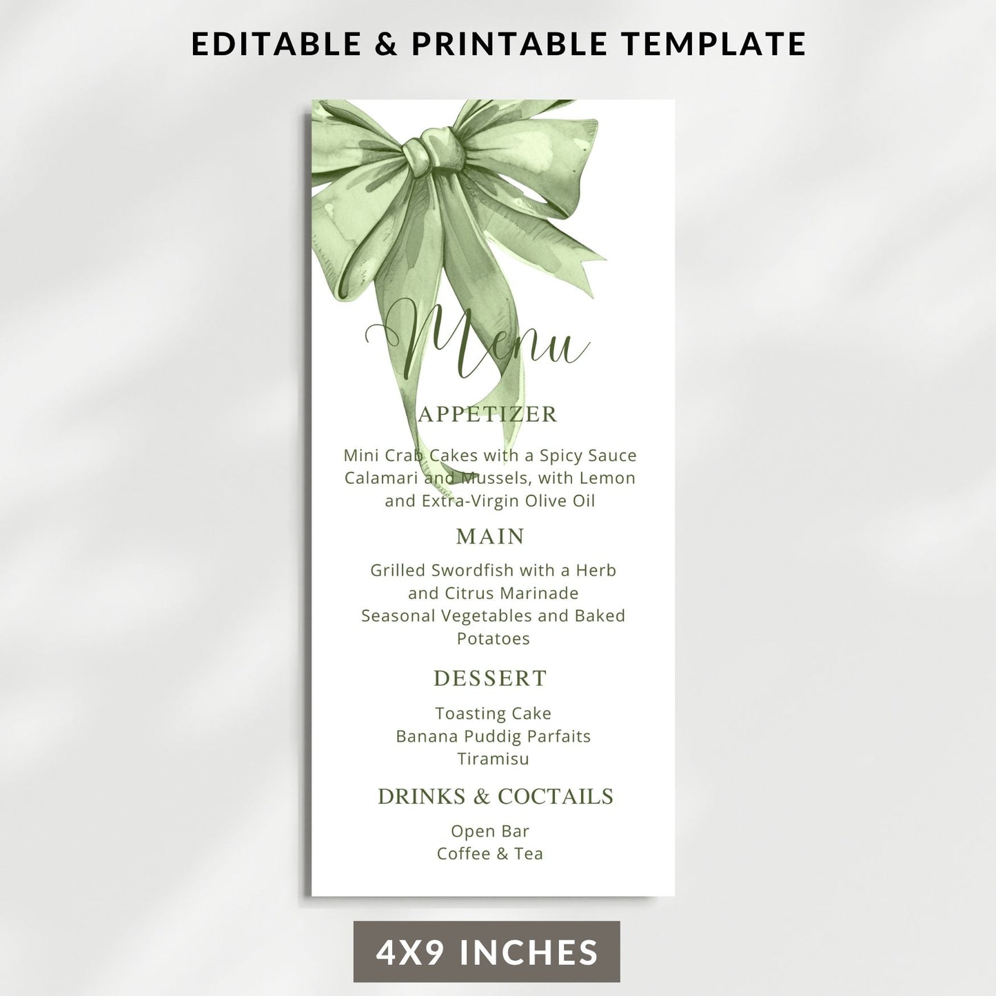 Menu template with a sage green bow design on a white background