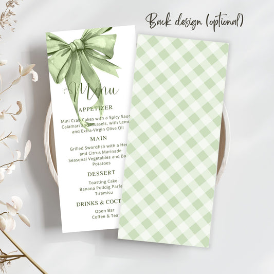 Menu card with sage green bow and checkered pattern on a white background