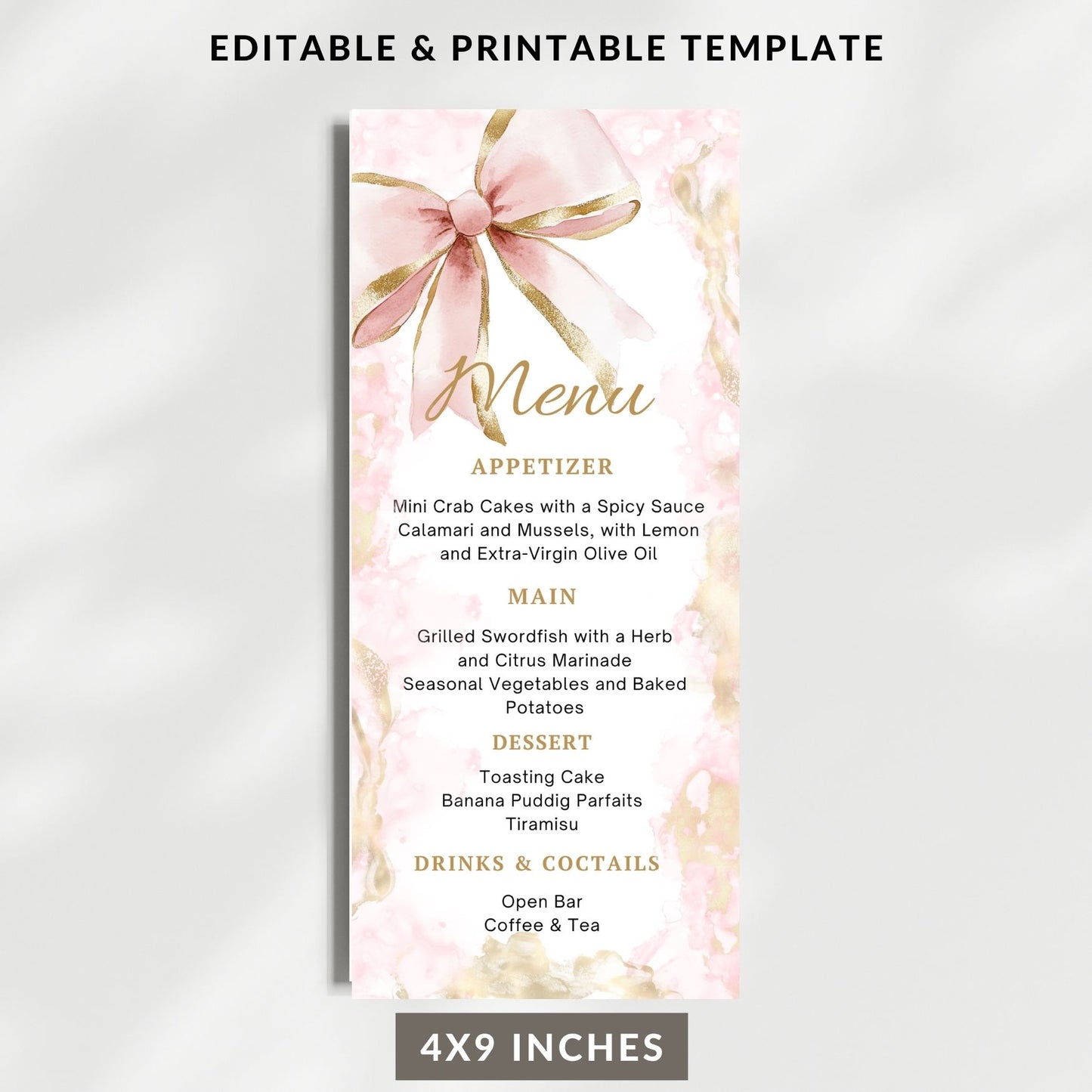 Elegant Pink Gold Bow Menu Card Template
