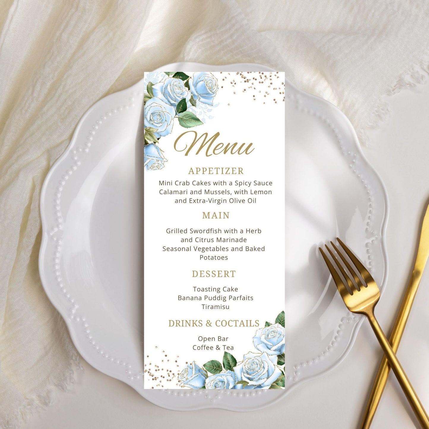Menu card with baby blue floral design on a white plate with gold fork