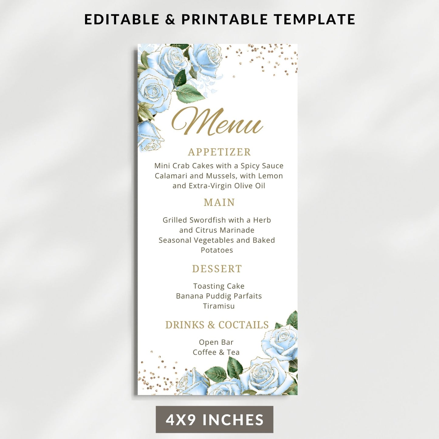 Menu template with blue roses and gold text on a white background