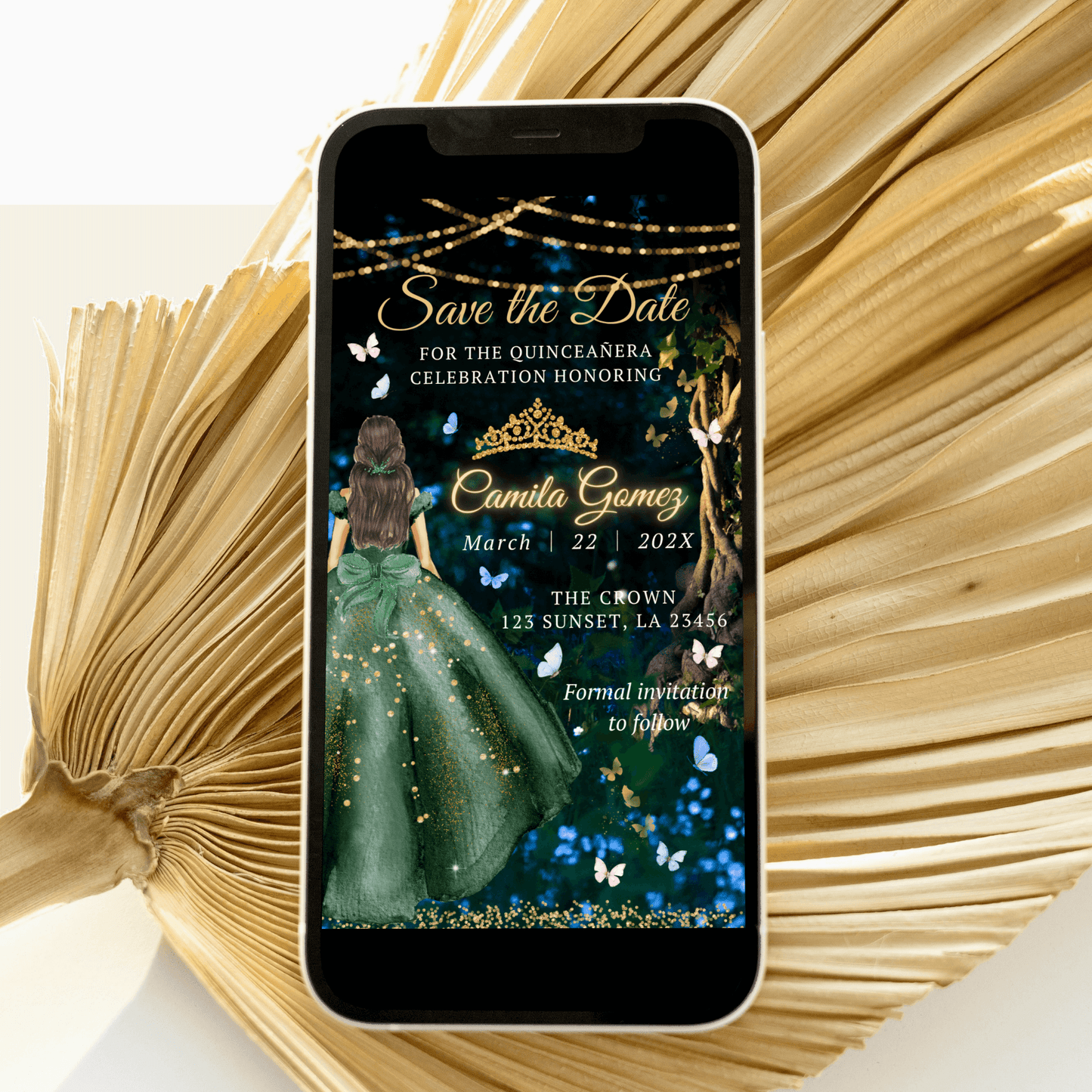 Green Gold Princess Quinceanera Save the date Invitation