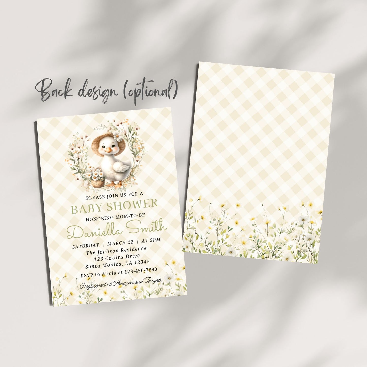 Baby shower invitation with a goose design on a checkered background