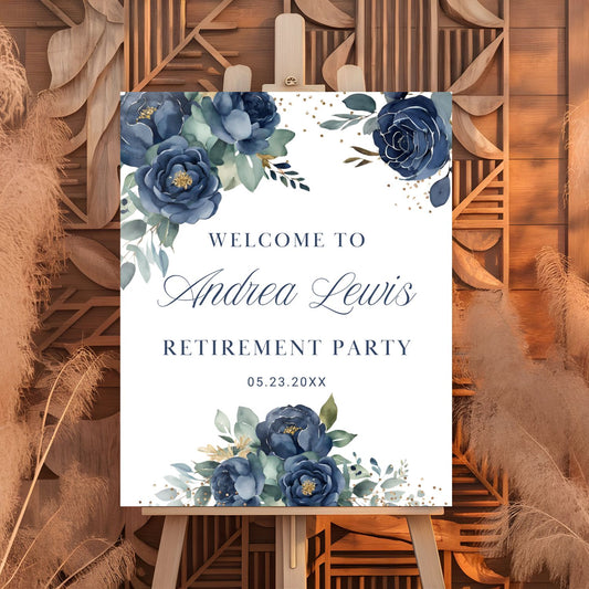 Editable Navy Gold Watercolor Floral Retirement Welcome SignEditable Navy Gold Watercolor Retirement Welcome Sign
