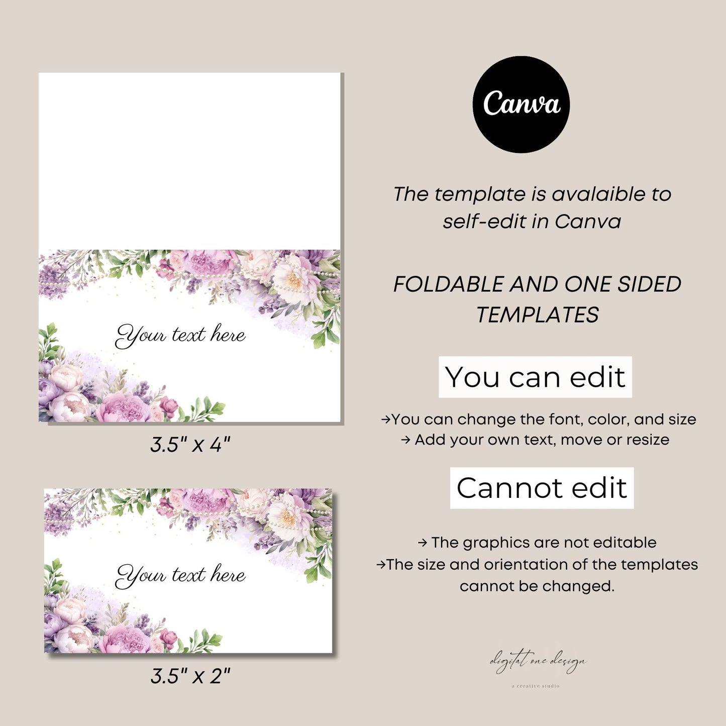 Floral templates with text area for self-editing in editable Canva on a beige background.