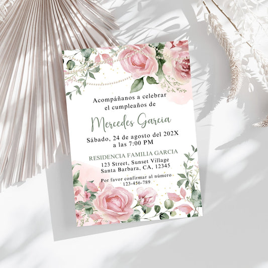 Spanish Birthday Invitation card with pink roses and greenery on a white background