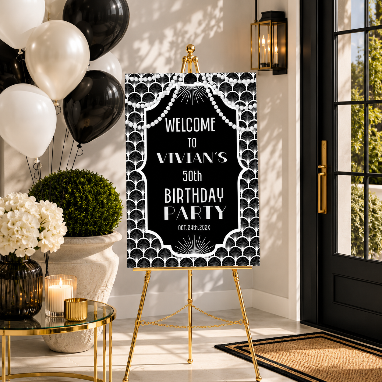 Black and White Gatsby Party Welcome Sign for Vivian's 50th Birthday Party with elegant decor and balloons.