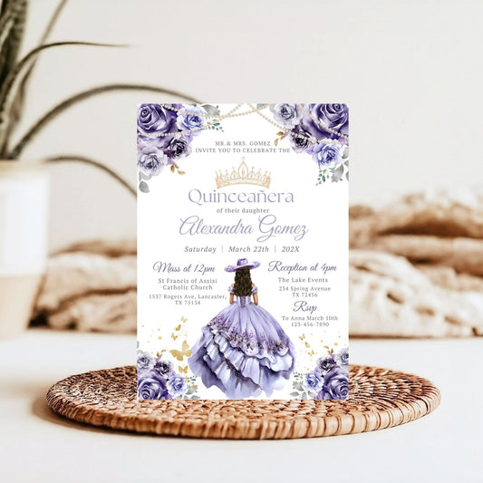 Charro Quinceanera invitation card with Purple floral design on a woven mat