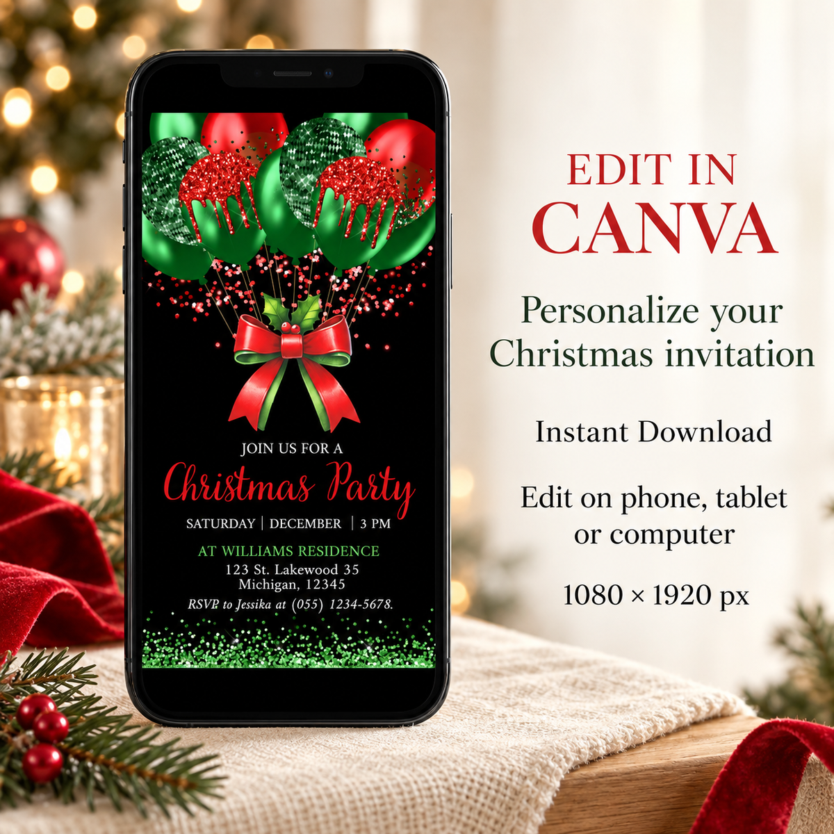 Editable Christmas party evite featuring red and green balloons on phone, personalized Christmas invitation design.