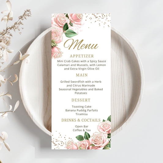Menu card with Pink and Gold floral design on a white plate