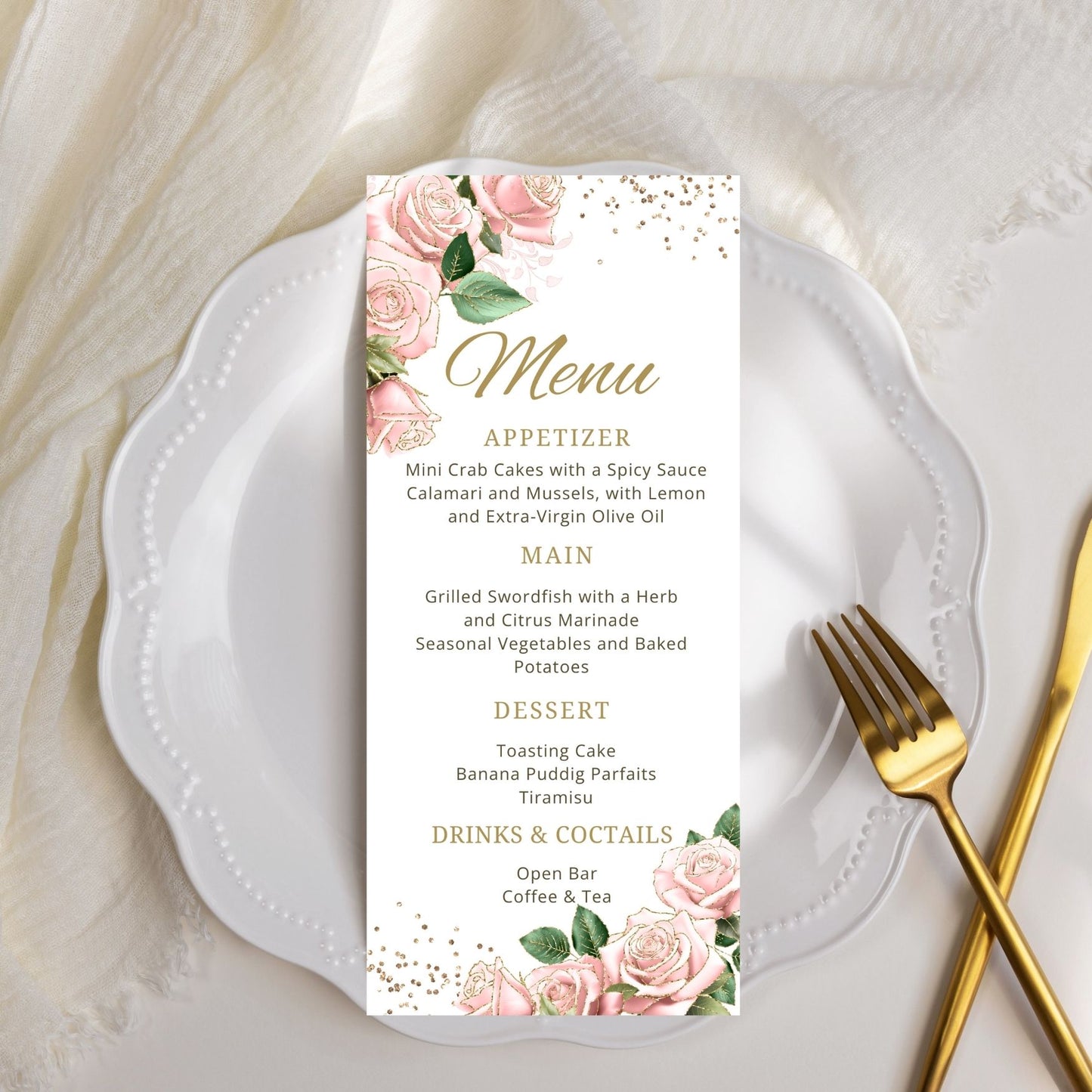 Menu card with Rose gold floral design on a white plate