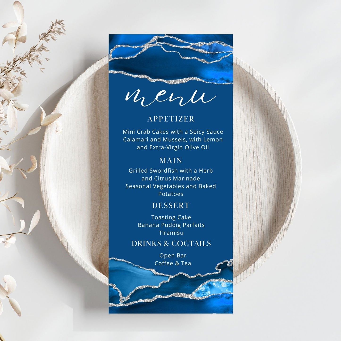 Royal Blue Menu Card Template, Elegant Dinner Party Menu Card, Royal Blue & Silver Design, Birthday, Retirement Celebration, Graduation