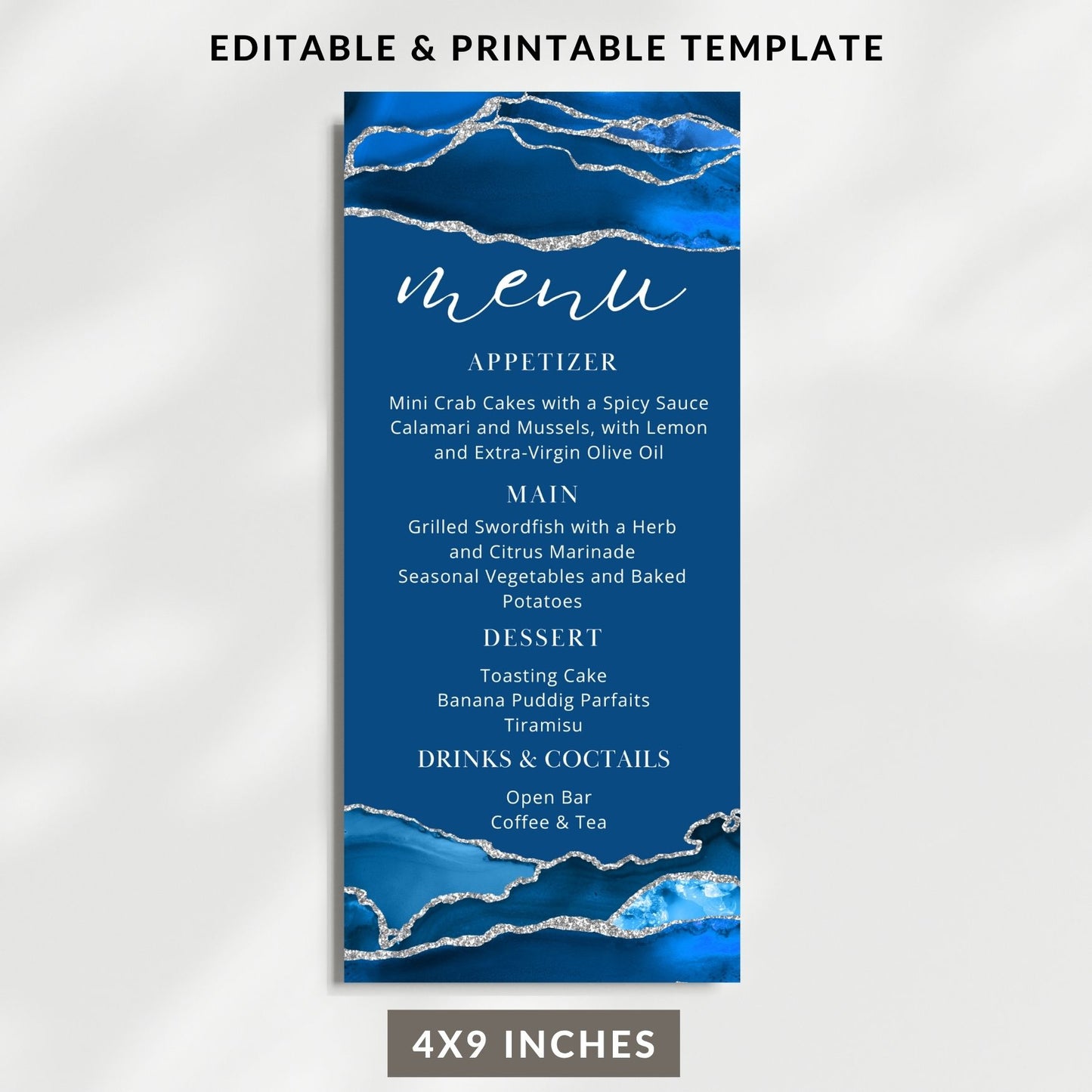 Editable Royal Blue and silver Menu card template