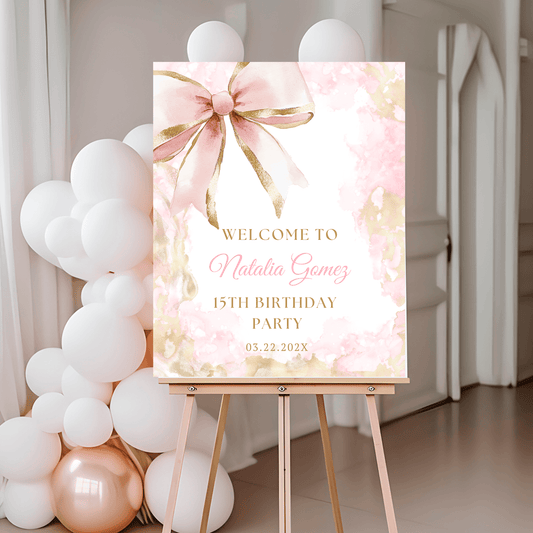 Editable Pink and Gold Coquette Bow Birthday Welcome Sign
