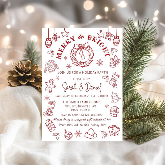 Red Whimsical Christmas party invitation with festive design elements on a white background.