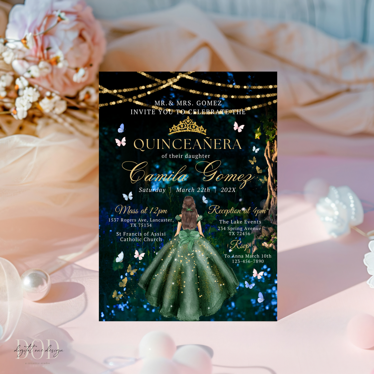 Enchanted Forest Green Quinceañera Invitation