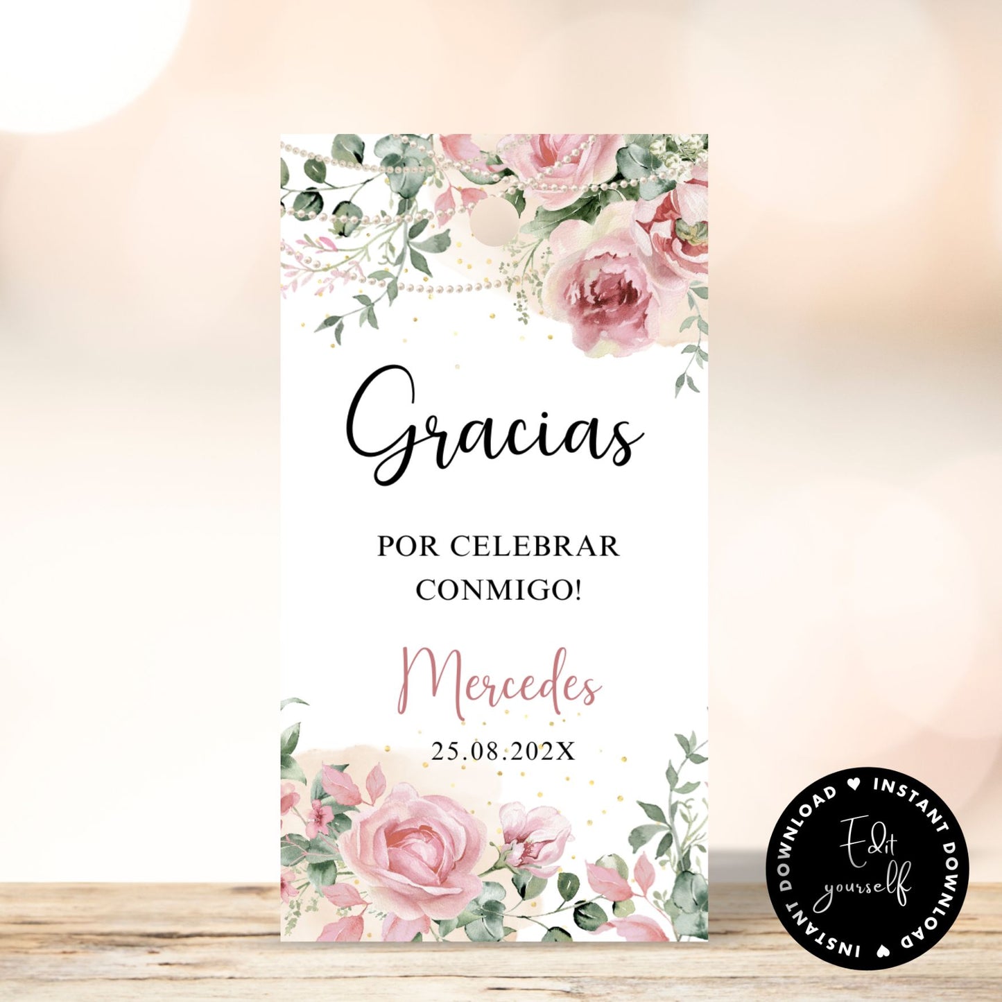 Editable Spanish Floral and Pearls Thank You Tag