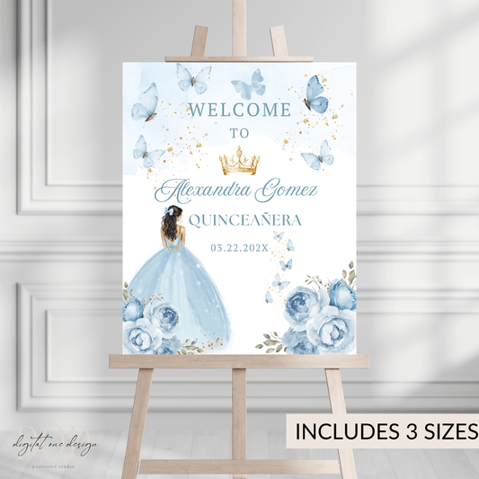 Elegant Dusty Blue Floral Princess Quinceanera Welcome Sign featuring a princess dress and floral design.