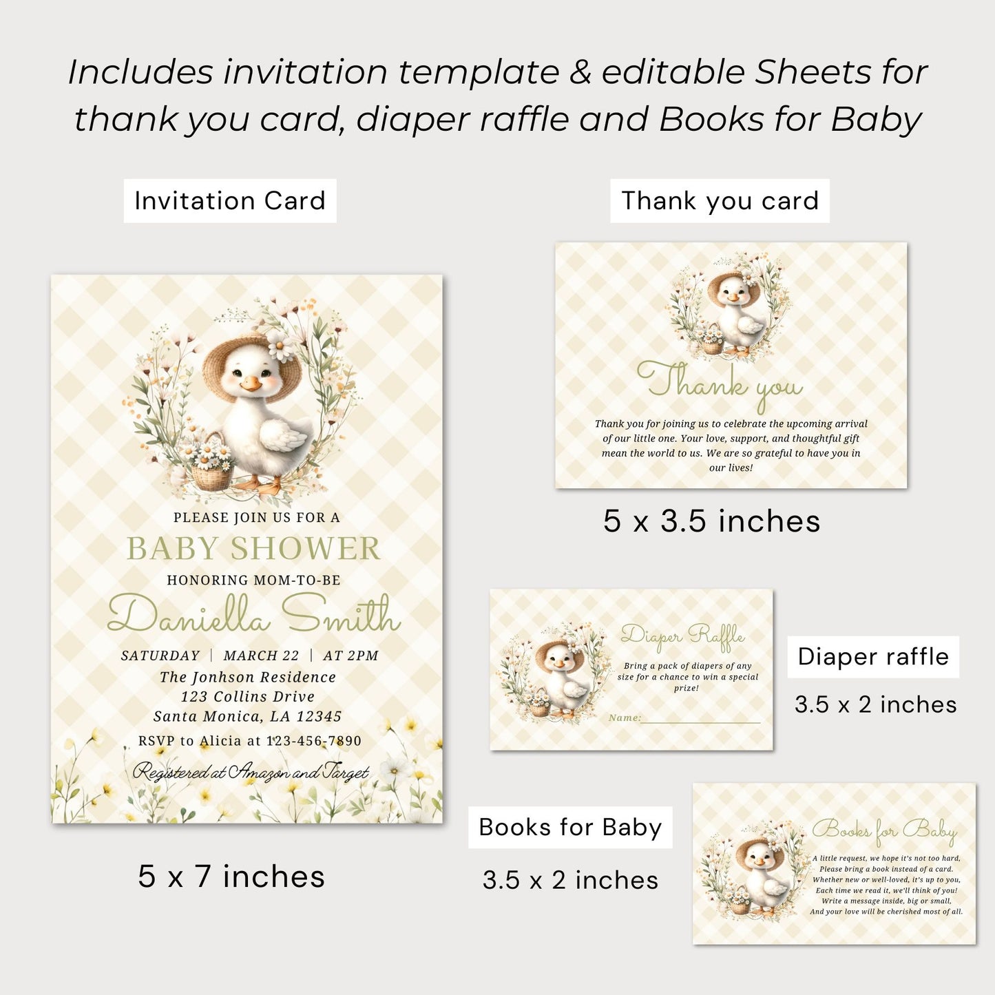 Baby shower invitation set with duck design, uncludes invitation template, thank you card, diaper raffle, and books for baby.