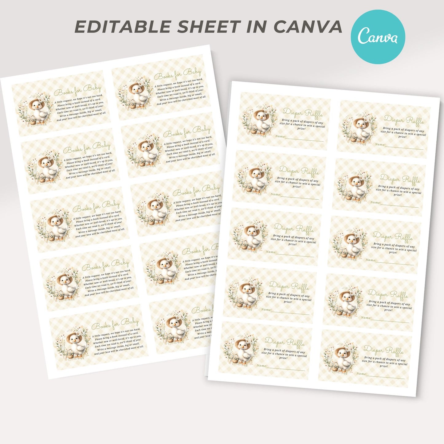 Two sheets of printed material with baby goose designs and text, labeled 'Editable Sheet in Canva'.