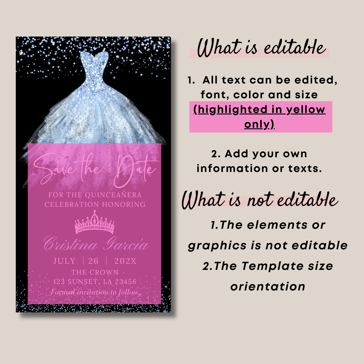 Editable blue quinceañera save the date Invitation template