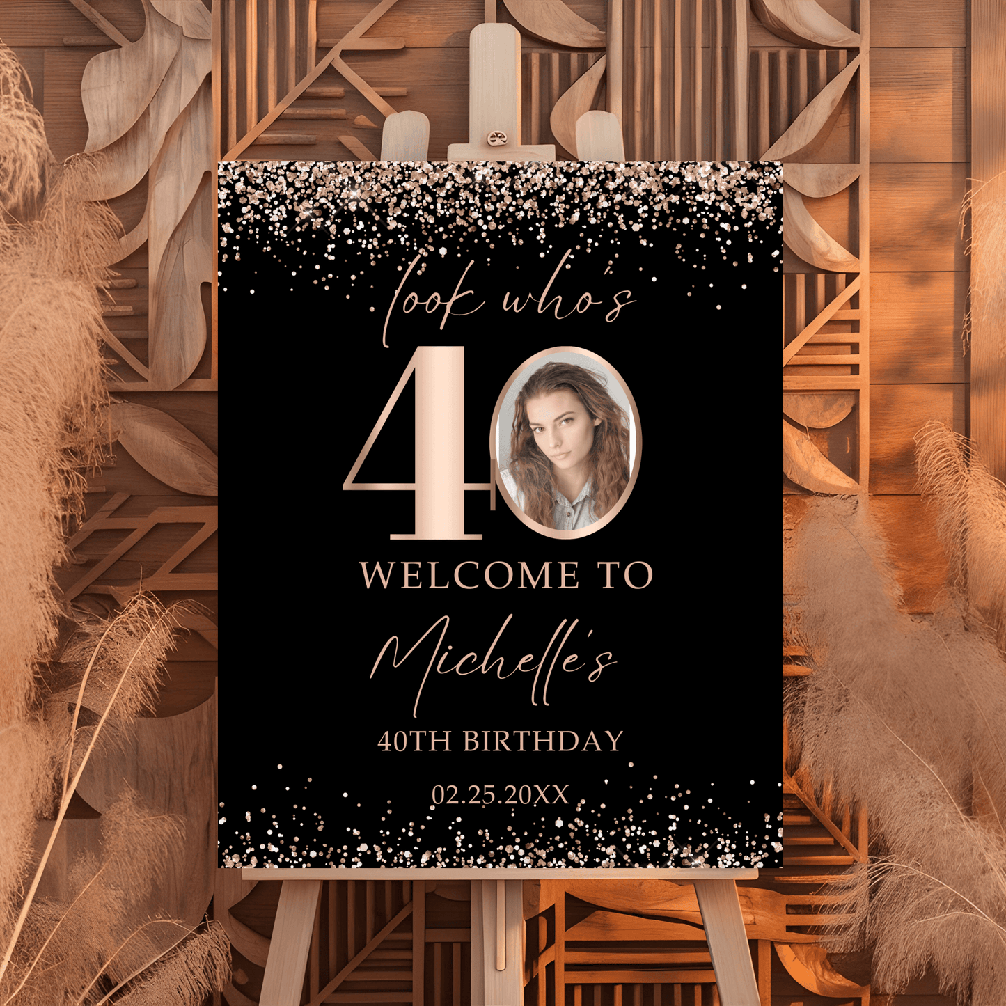 Look Who's 40 Birthday Welcome Sign in Rose gold