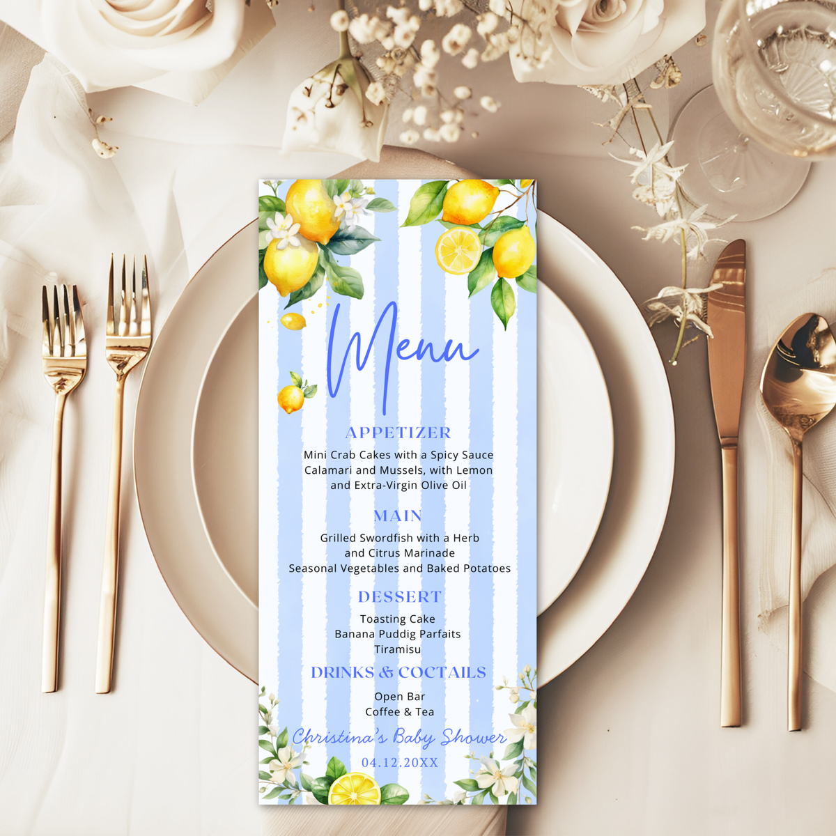 Editable Ciao Baby Citrus Lemon Menu Card featuring vibrant lemon motifs on a dining table with floral decor.