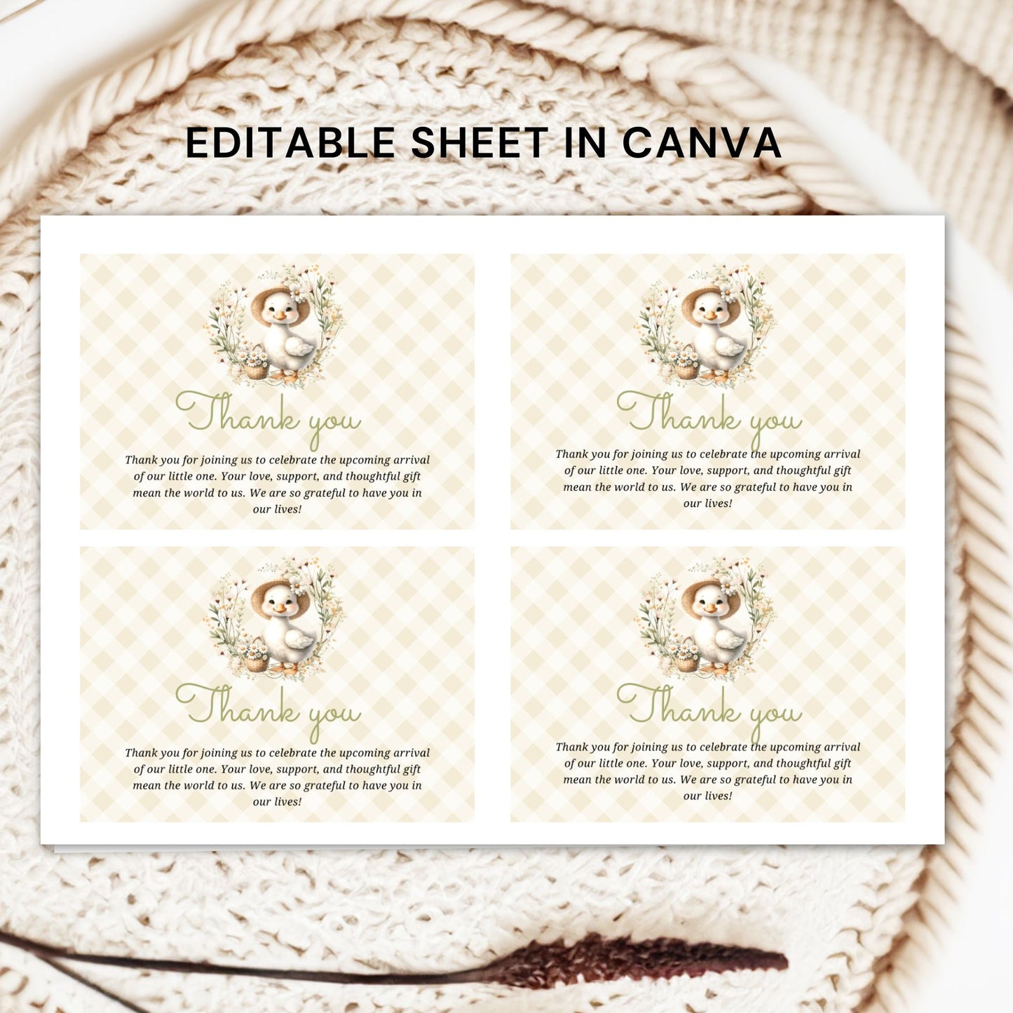 Four identical cards with a baby illustration and 'Thank you' text on a textured background.