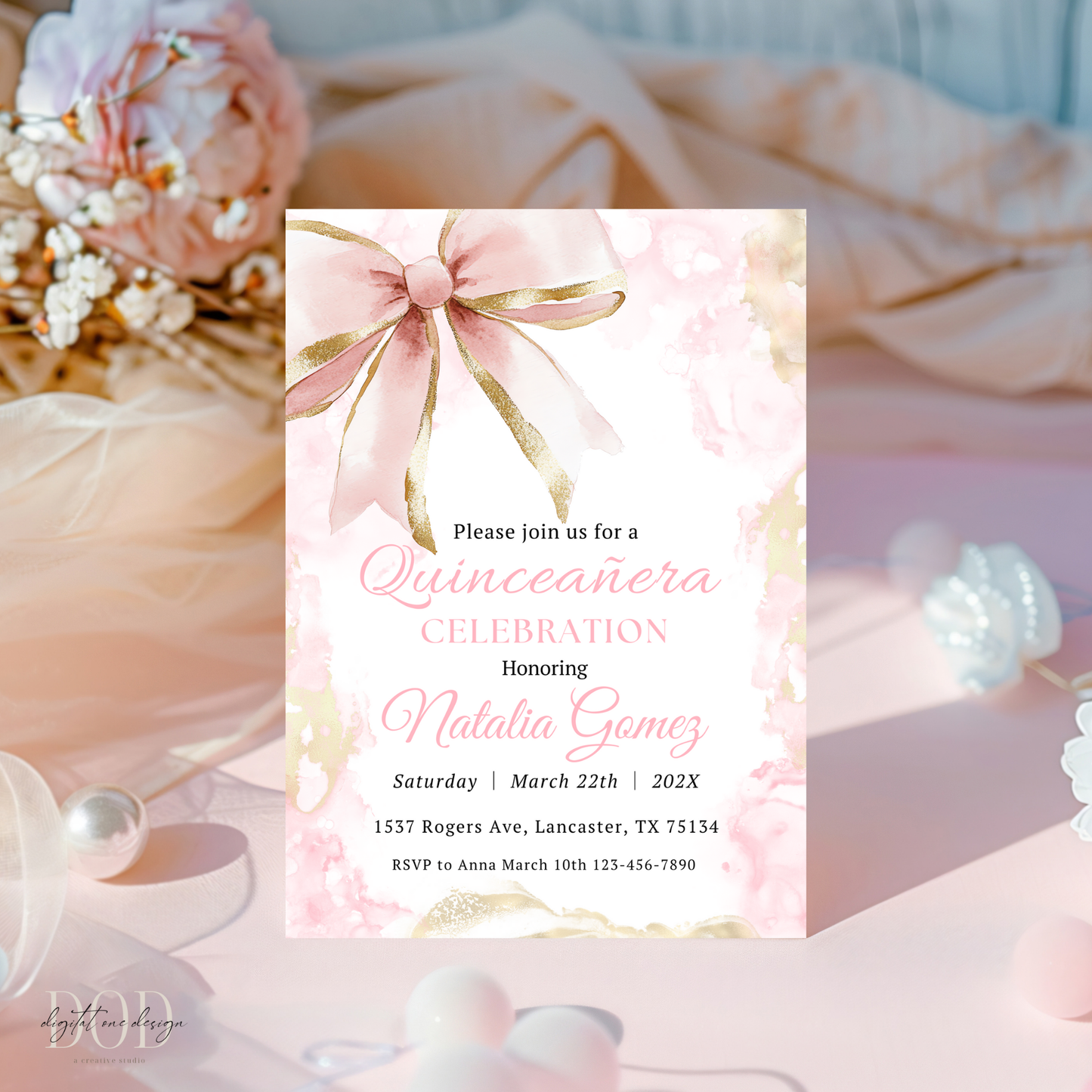 Pink Gold Bow Quinceanera Invite