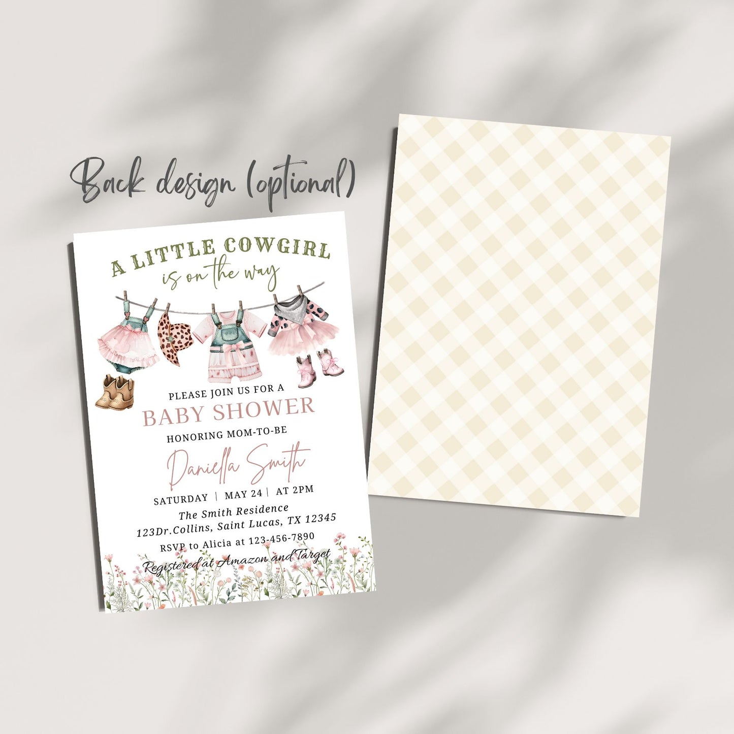 Baby shower invitation with cowgirl theme and checkered paper on a gray background