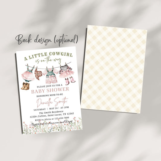Baby shower invitation with cowgirl theme and checkered paper on a gray background