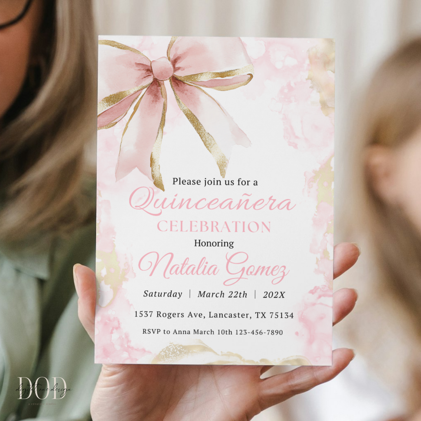 Pink Gold Bow 15th Birthday Invite
