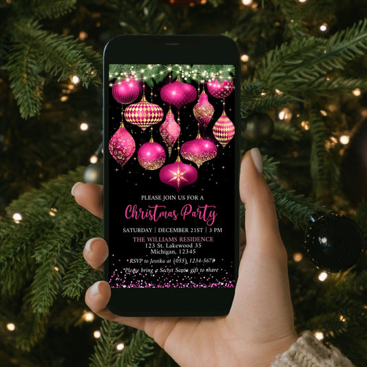 Hot Pink and Gold Ornaments Christmas Party Invitation