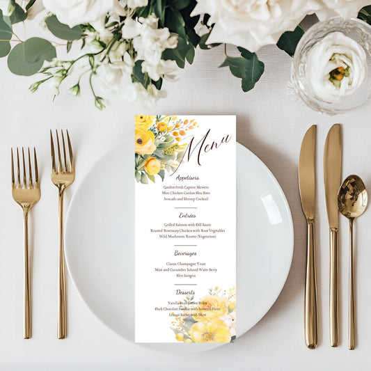 Editable Floral Yellow Menu Card Template
