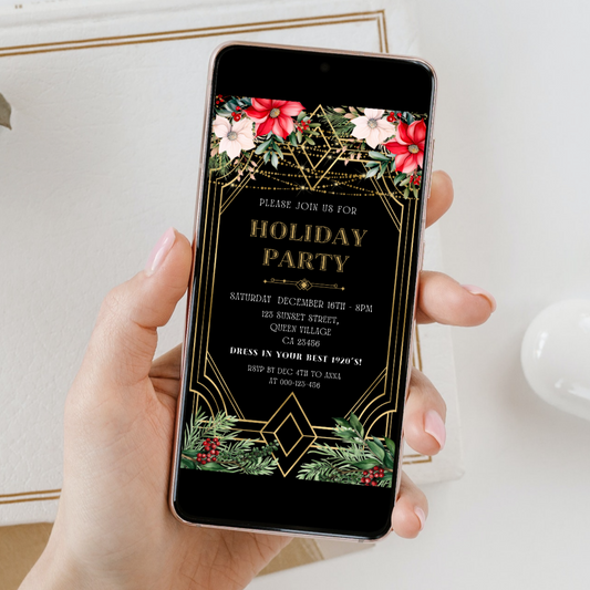Hand holding a smartphone with a Art Deco holiday party invitation on the screen, set against a light background.