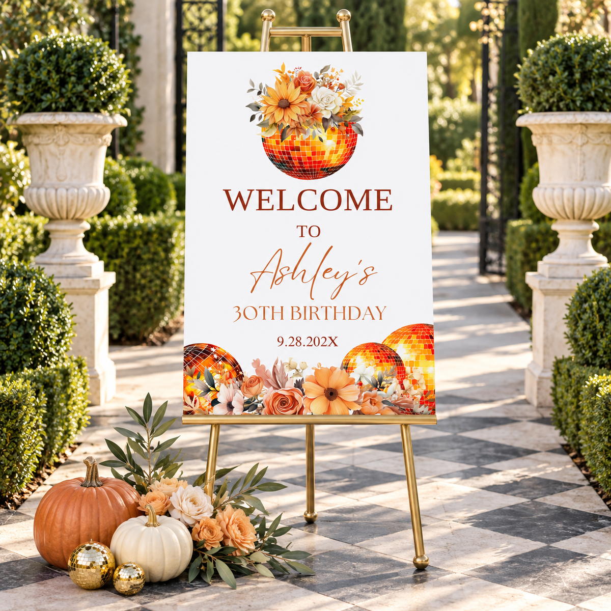 Autumn Disco Ball Birthday Welcome Sign Template featuring vibrant disco balls, floral accents, and festive birthday details.