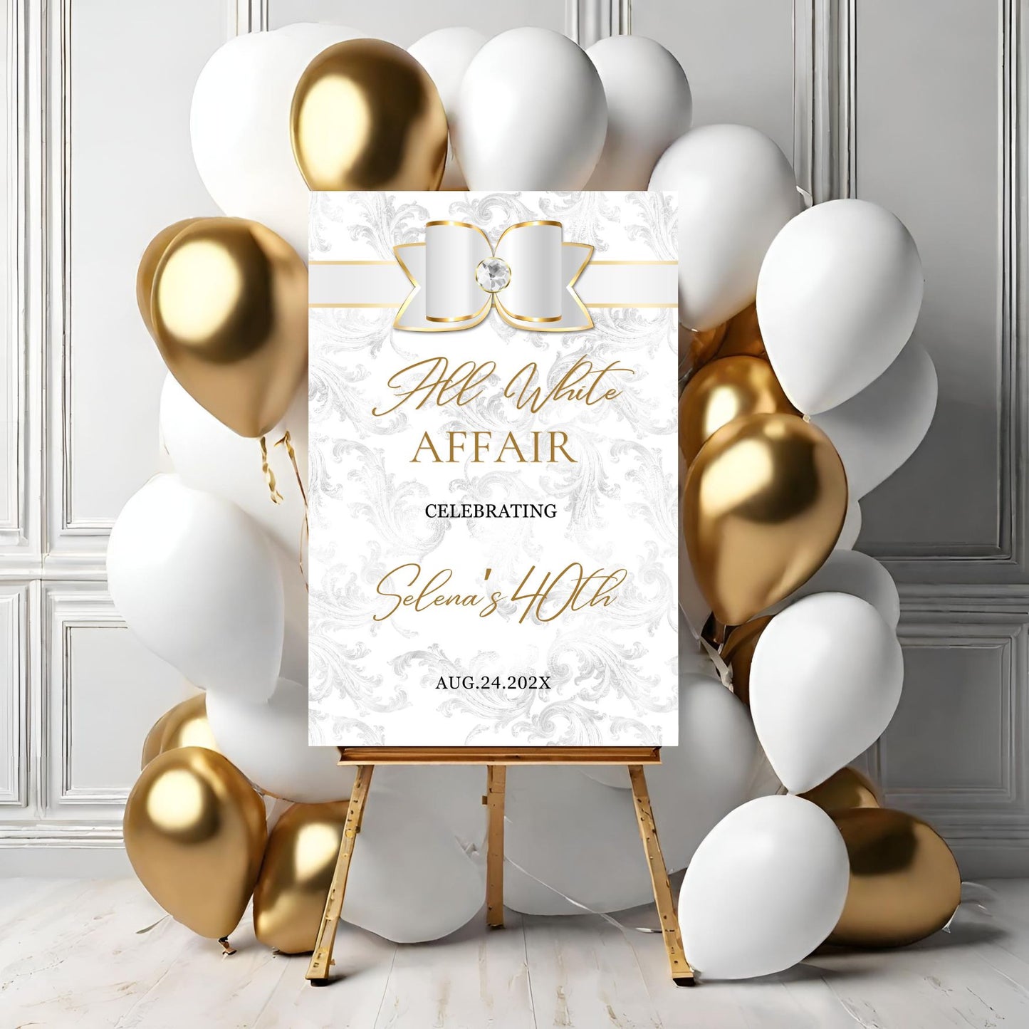 Luxury White Gold Birthday Party Welcome sign template