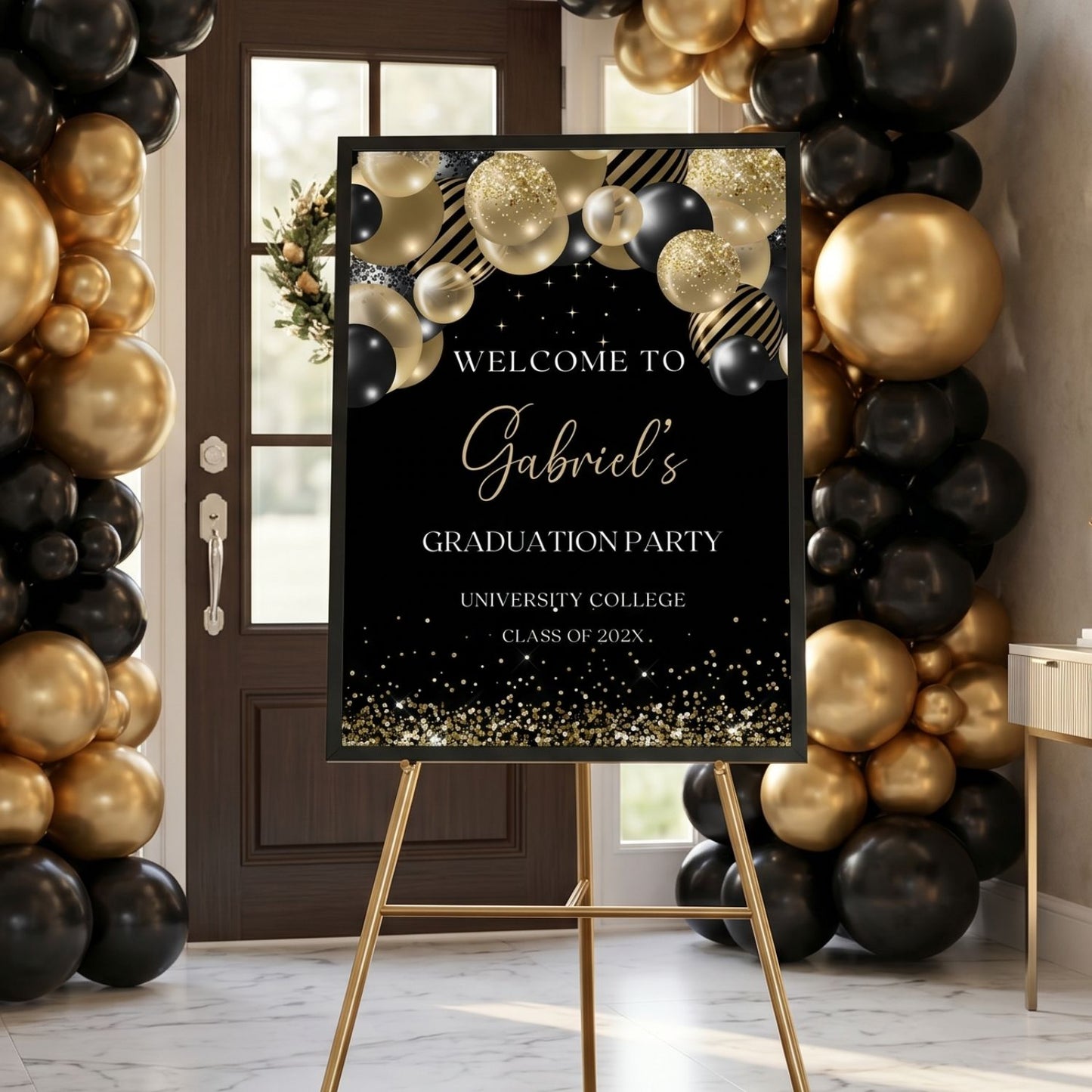 Editable Black and Gold Graduation Party Welcome Sign